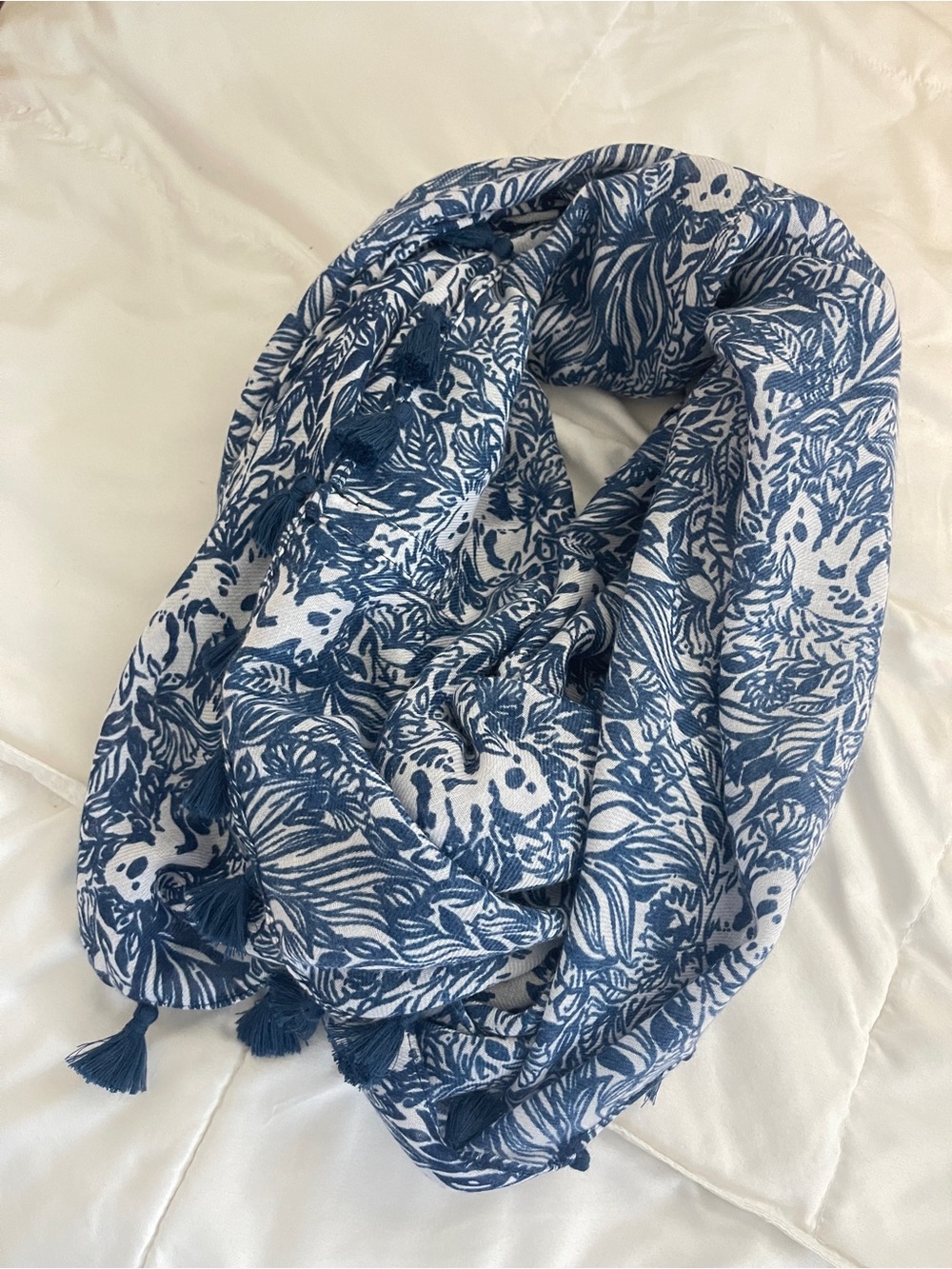 Lily Pulitzer Blue and White Floral Tassel Scarf
